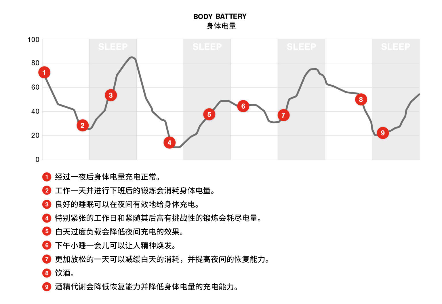 身体电量折线图，显示了白天和夜晚的不同时间身体电量的消耗或增加。